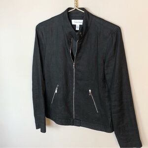 Black 100% linen zip up moto style jacket blazer stand up collar lined 6